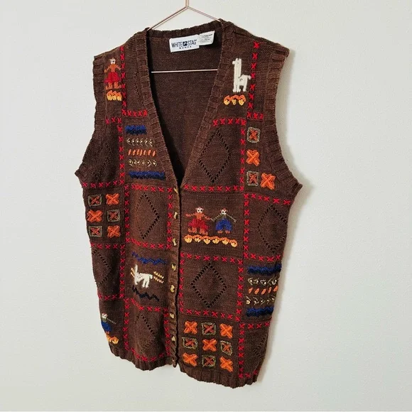 Vintage White Stag Brown Knit Animal Patterns Vest - Picture 5 of 9